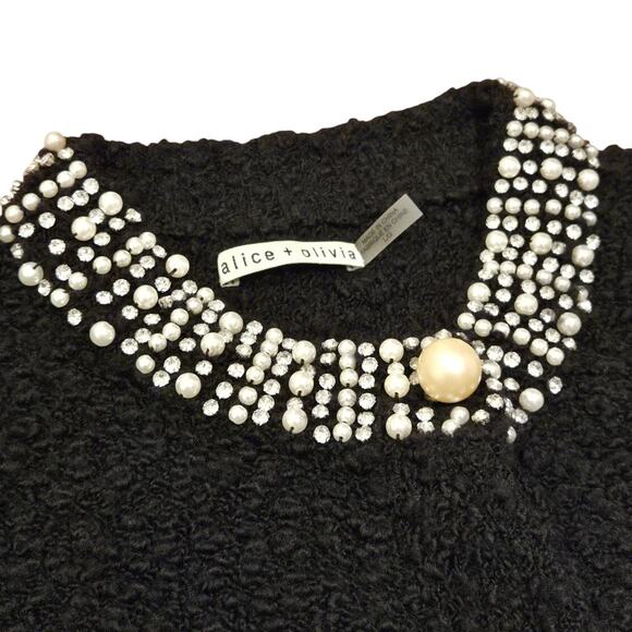 Alice + Olivia Devona Crystal Pearl Embellished Wool Blend Bouclé Black Cardigan - Picture 5 of 8